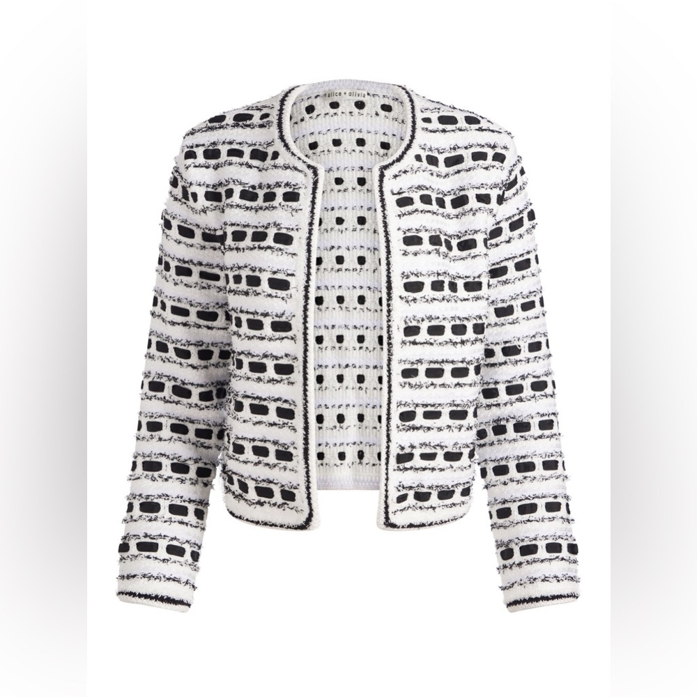 Alice + Olivia Marjorie Tweed Ribbon Woven Open Front Cardigan - Size Small - Picture 12 of 12